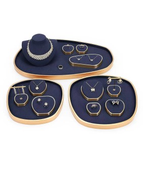 Kits d'affichage de vitrine de bijoux en métal doré, velours bleu marine, vente au détail
