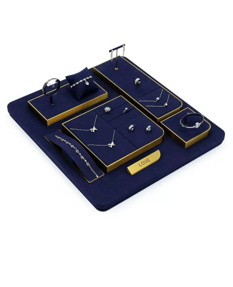 Set di vassoi per esposizione di gioielli in velluto blu navy in metallo dorato