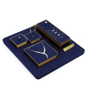 Gold Metal Navy Blue Velvet  Jewelry Showcase Display Tray Sets