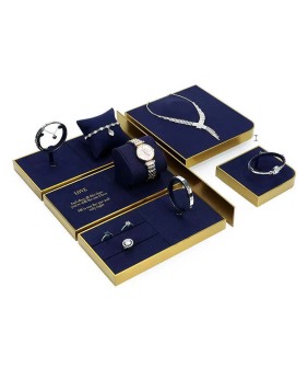 Plateaux d'affichage d'étalage de bijoux en velours bleu marine en métal doré