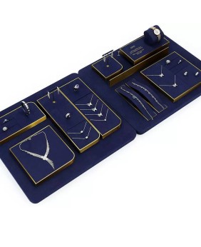 Novos conjuntos de bandeja de exibição de jóias de veludo azul marinho de metal dourado