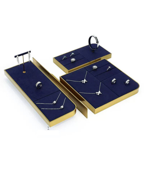Nuovi vassoi per esposizione di gioielli in velluto blu navy in metallo dorato