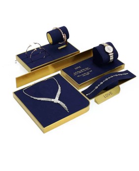 Nuevas bandejas de exhibición de escaparate de joyería de terciopelo azul marino de Metal dorado