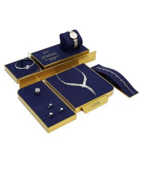 Bandejas de exibição de joias de veludo azul marinho de metal dourado popular para venda