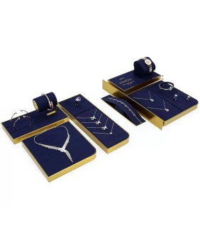 Bandejas de exhibición de joyería de terciopelo azul marino de metal dorado al por menor
