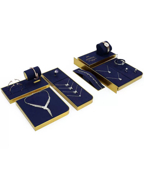 Vassoi espositori per gioielli in velluto blu navy in metallo dorato al dettaglio