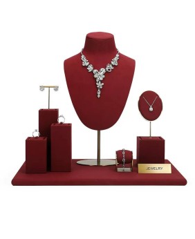 Kit de exibição de joias de veludo vermelho de metal dourado luxuoso