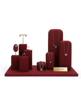 Conjuntos de exhibición de escaparate de joyería de terciopelo rojo, metal dorado, venta al por menor, a la venta