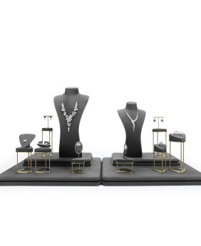 Set di vetrine per gioielli in metallo dorato e velluto grigio scuro premium