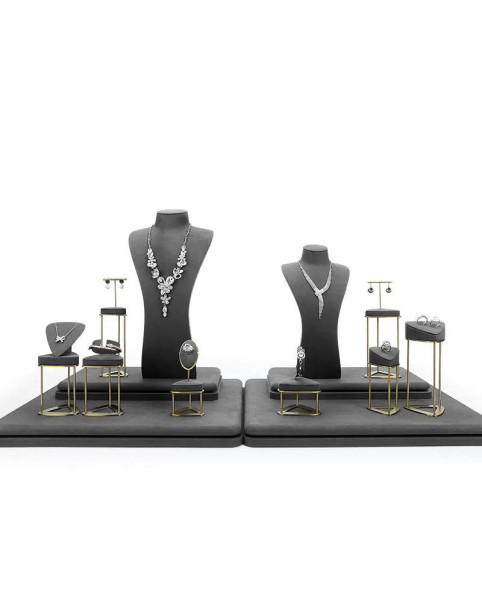 Set di vetrine per gioielli in metallo dorato e velluto grigio scuro premium