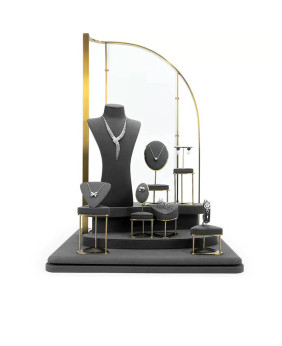 Einzelhandel Dunkelgrau Samt Gold Metall Schmuck Display Sets Für Verkauf