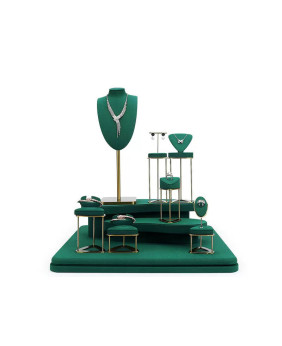 Set di vetrine per gioielli in metallo dorato e velluto verde creativo