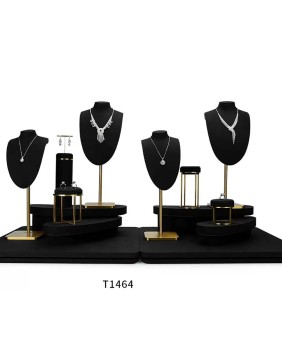 Nouvel ensemble d'affichage de vitrine de bijoux en velours noir en métal doré de luxe