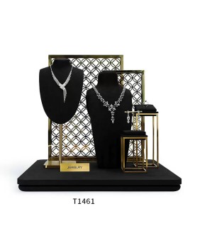 Set Display Showcase Perhiasan Beludru Hitam Logam Emas Ritel Baru yang Mewah