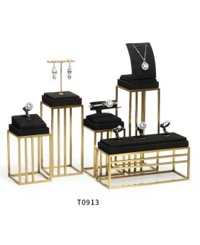 Set Display Showcase Perhiasan Beludru Hitam Baru Logam Emas untuk Dijual