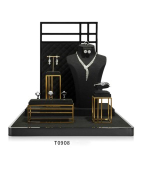Conjunto de exhibición de joyería de terciopelo negro, metal dorado, venta al por menor de lujo, a la venta