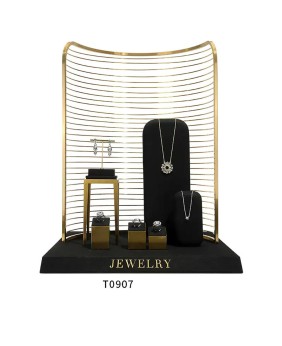 Luxuriöses Premium-Schmuckvitrinen-Set aus schwarzem Samt und goldfarbenem Metall