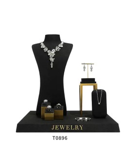 Nouveau Présentoir de bijoux de luxe en métal doré et velours noir,