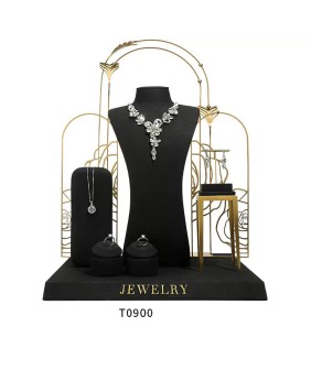 New Premium Gold Metal Black Velvet Jewelry Display Set