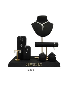 Nuevo juego de exhibición de joyería de terciopelo negro de metal dorado premium a la venta