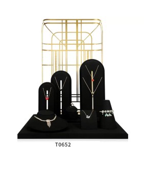 Luxury Retail Gold Metal Black Velvet Jewelry Display Set For Sale
