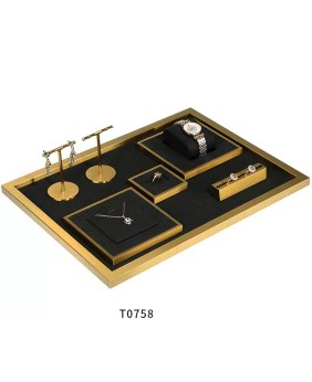 Ensembles d'affichage de bijoux de luxe en velours noir avec garniture dorée