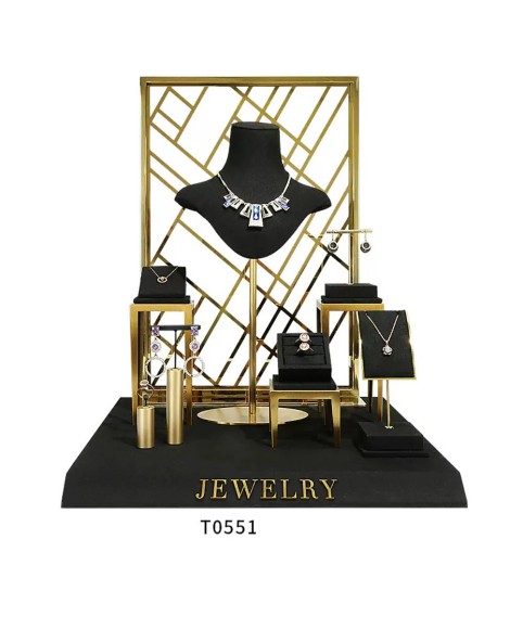 Conjunto de exibição de vitrine de joias de veludo preto de metal dourado