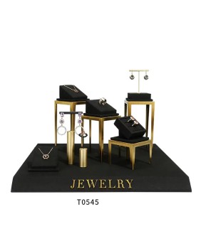 Luxus kiskereskedelmi arany fém fekete bársony ékszer vitrin készlet