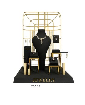 Set di espositori per gioielli in velluto nero in metallo dorato premium in vendita