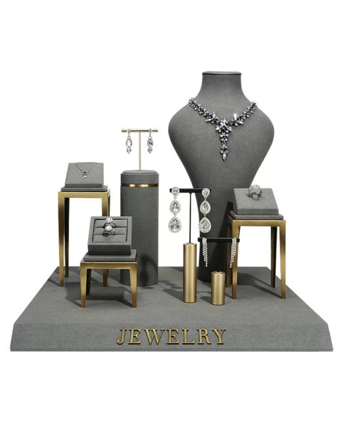 Nuevo soporte de exhibición de collar de joyería de terciopelo gris oscuro de lujo