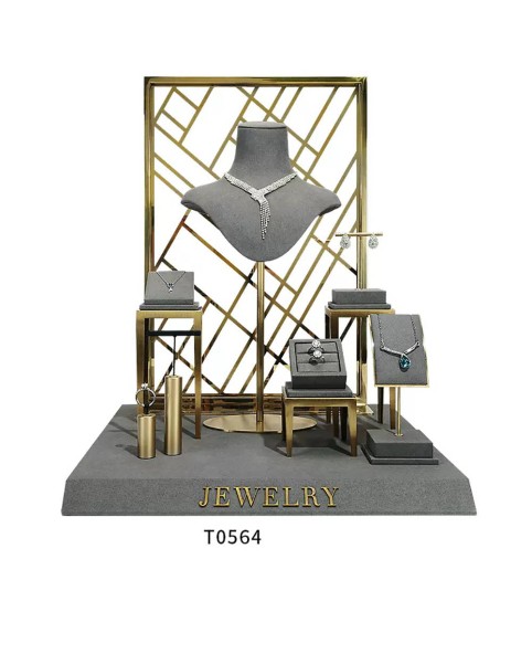Set Display Showcase Perhiasan Beludru Abu-abu Gelap Mewah untuk Dijual