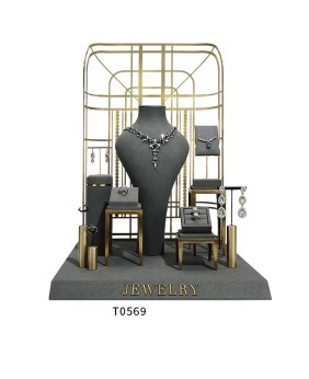 Luxury Gold Metal Dark Gray Velvet Jewelry Showcase Display Set