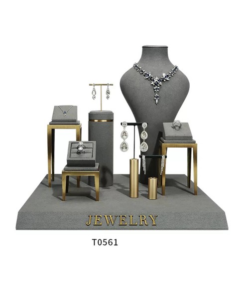Luxury New Dark Gray Velvet Jewelry Showcase Display Set