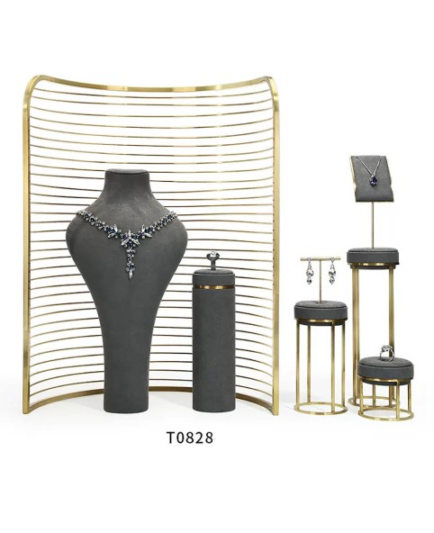 Set di espositori per gioielli in velluto grigio scuro in metallo dorato di fascia alta