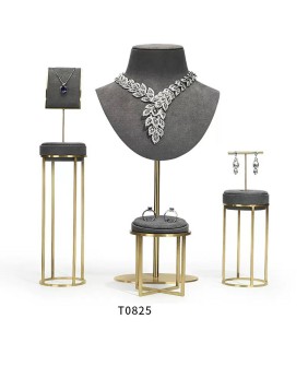 Set di vetrine per gioielli in velluto grigio scuro in metallo dorato di lusso