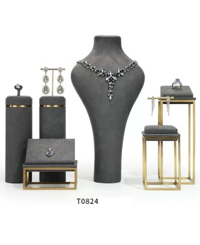 Conjunto de vitrine de joias de veludo cinza escuro de metal dourado popular
