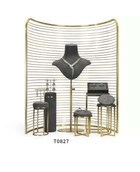 Schmuck-Display-Set aus dunkelgrauem Samt aus goldfarbenem Metall für den Einzelhandel