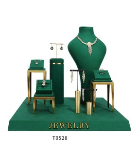 Luxury Gold Metal Green Velvet Jewelry Display Set For Sale
