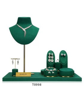 Novo Conjunto de exibição de vitrine de joias de veludo verde de metal dourado