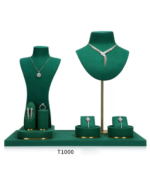 Novo conjunto de exibição de jóias de veludo verde de metal de varejo de ouro