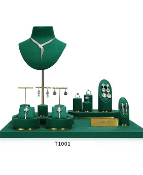 Ensemble d'affichage de vitrine de bijoux en velours vert, métal doré, vente au détail de luxe, nouvel ensemble d'exposition de bijoux