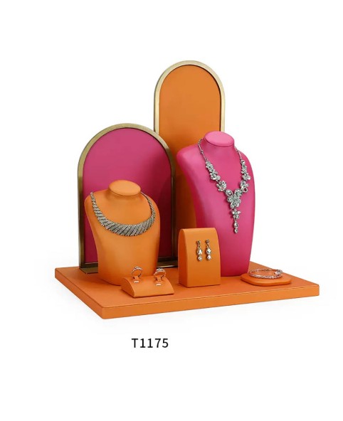 Conjunto de exibição de joias de couro laranja e rosa de luxo para venda