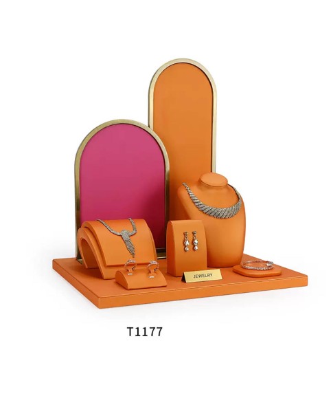 Conjunto de exibição de vitrine de joias de couro laranja e rosa de luxo