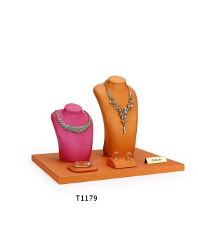 Set Display Showcase Perhiasan Ritel Kulit Oranye dan Merah Muda Mewah