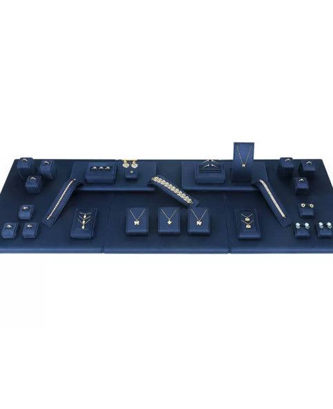 Nuovi set espositori per vetrine per gioielli in pelle blu navy premium in vendita