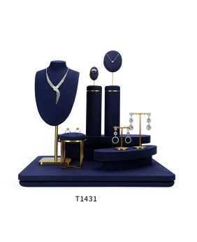 Nuovo lussuoso espositore per gioielli in velluto blu navy in metallo dorato