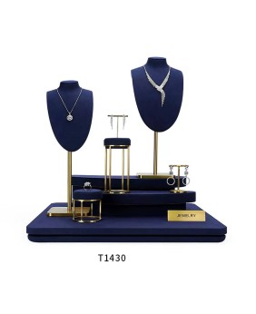 Nuevo juego de exhibición de escaparate de joyería de terciopelo azul marino de metal dorado nuevo de lujo