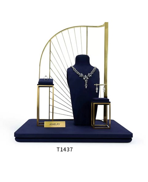Luxury Retail New Gold Metal Navy Blue Velvet Jewelry Display Set
