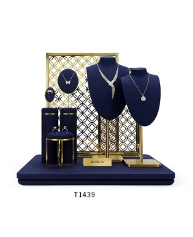 Set di vetrine per gioielli in velluto blu navy al dettaglio di lusso in metallo dorato nuovo