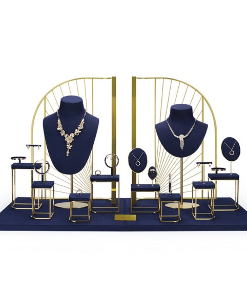 Stand Display Kalung Perhiasan Beludru Biru Laut Mewah
